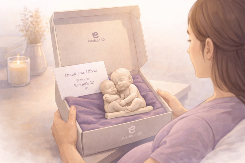 An illustration of a pregnant woman opening up her box from everlittle3d.com and looking at her statue.