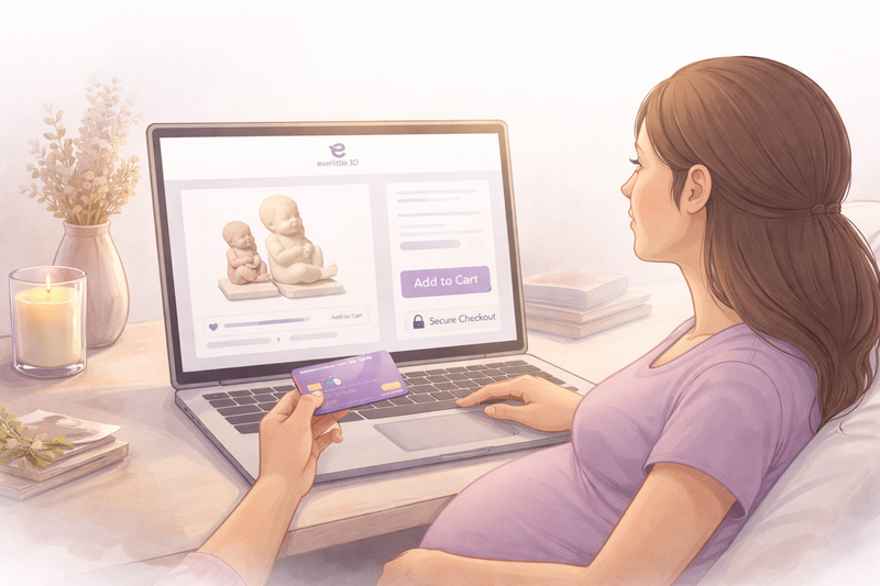 An illustration of a woman ordering a statue from everlittle3d.com